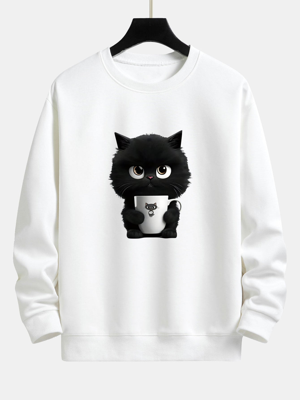 Niedliches Sweatshirt für Herren mit einer Katze, die Kaffee hält – Locker geschnittener Pullover aus Baumwollmischgewebe mit verspielter Kätzchen-Illustration und Rippbündchen