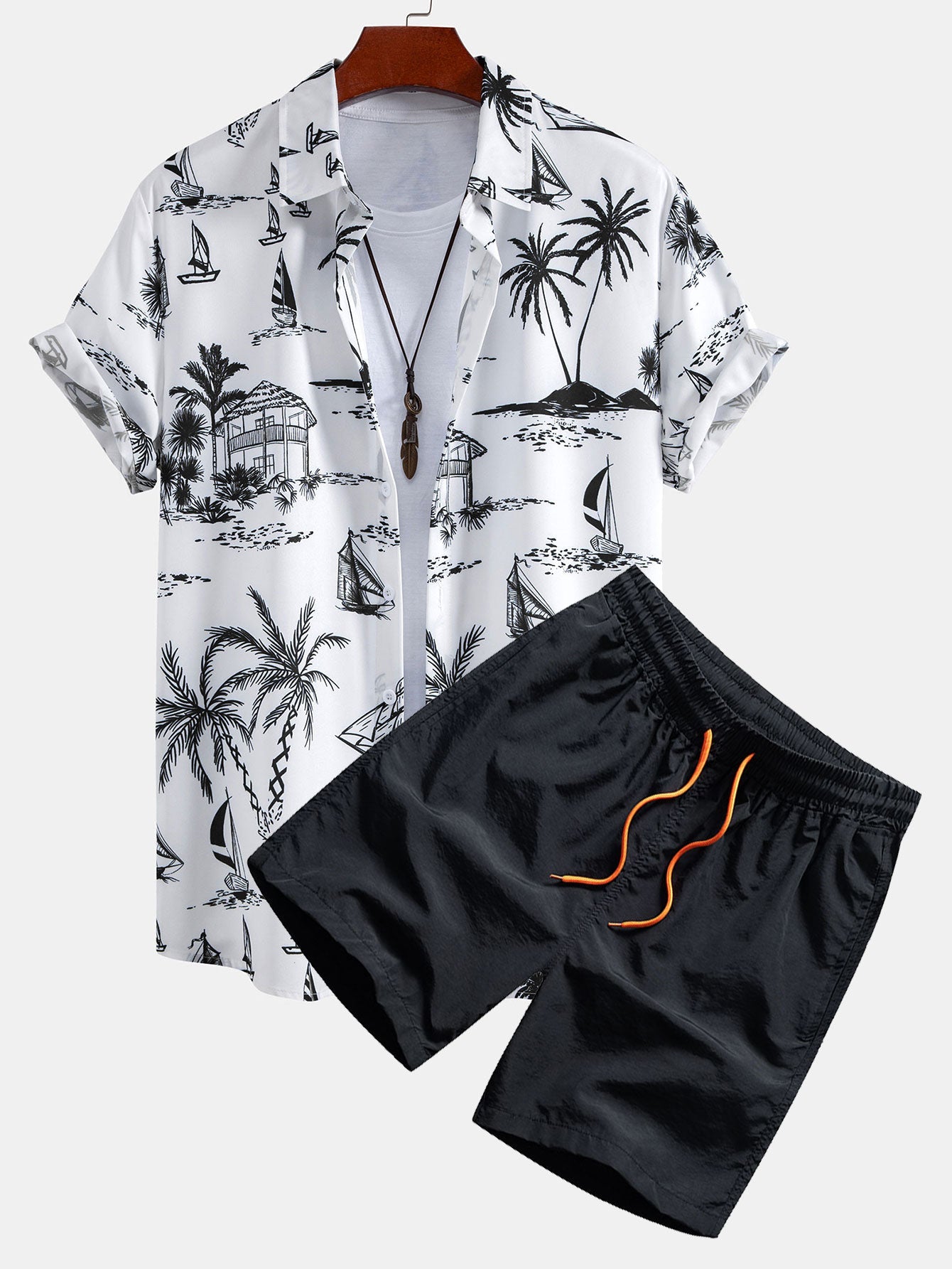Men’s Palm Print Shirt and Black Swim Shorts Summer Set