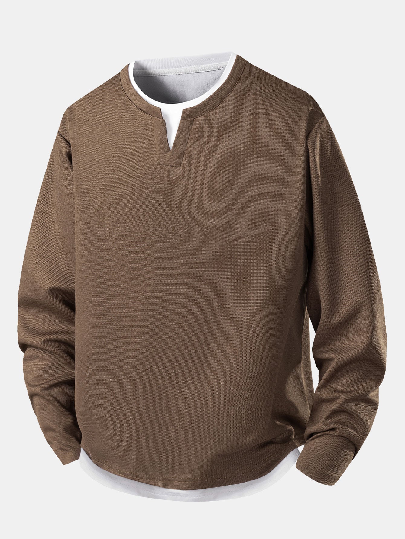 Men’s Layered Notch Neck Long-Sleeve T-Shirt – Relaxed Textured Casual Top