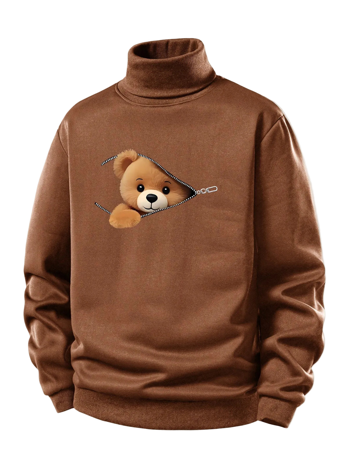 Bluză sport pentru bărbați cu interior căptușit cu fleece pufos, guler înalt rulat și imprimeu cu ursuleț cu fermoar - croială normală, călduroasă, stil casual, pentru toamnă și iarnă