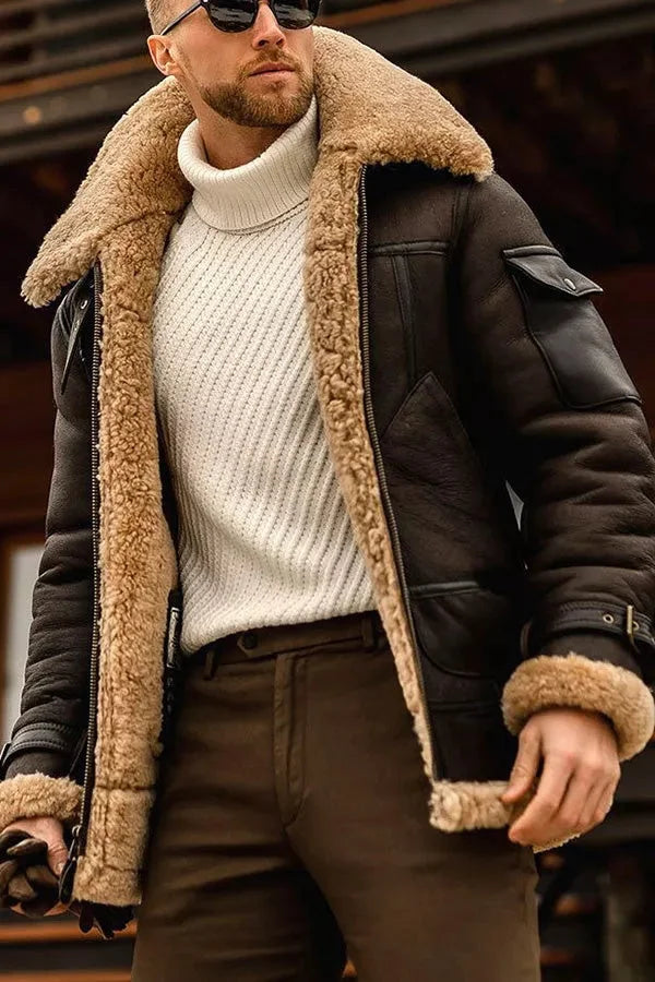 Men’s Shearling-Lined Aviator Jacket – Vintage Winter Layer for Rugged Everyday Styling