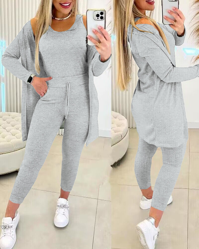 Women’s 3 Piece Lounge Set – Sleeveless Top, Open Front Cardigan & Relaxed Fit Pants
