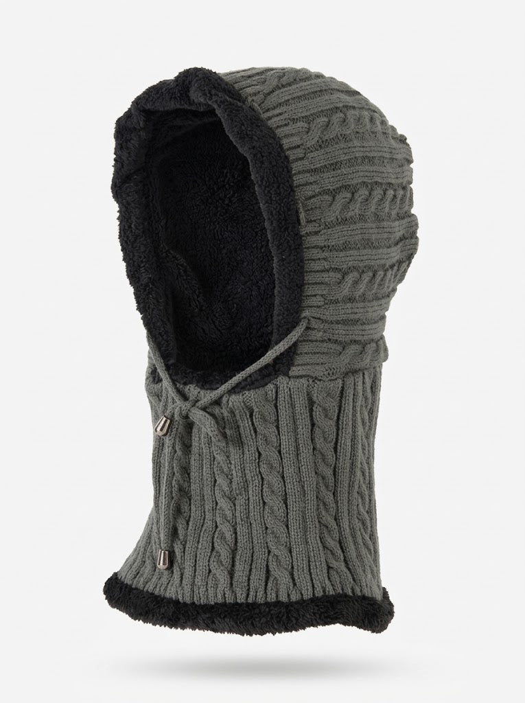 Pasamontañas de punto para mujer con bufanda y capucha - calentador de cuello de invierno cortavientos de punto trenzado con forro de felpa y cordón ajustable