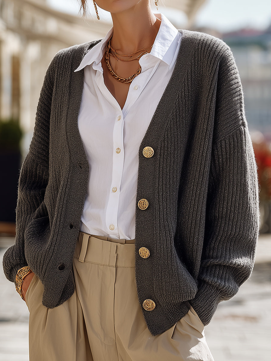 Cardigan tricotat texturat pentru femei, cu decolteu în V și nasturi decorativi - strat elegant cu croială lejeră pentru birou și ținute smart casual