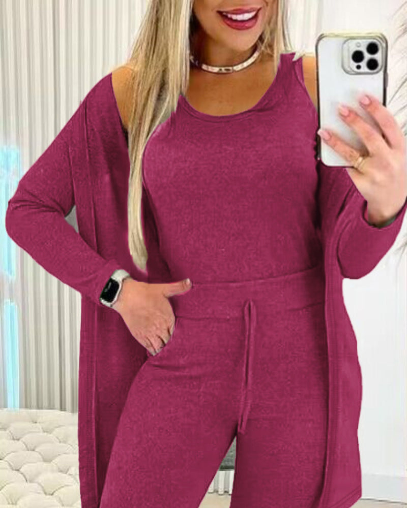 Women’s 3 Piece Lounge Set – Sleeveless Top, Open Front Cardigan & Relaxed Fit Pants