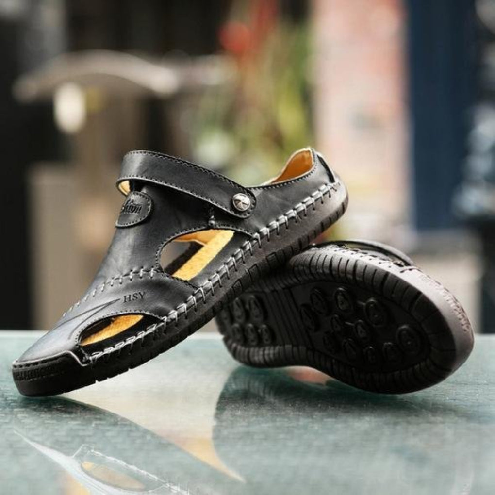 Men’s Leather Sandals Cut-Out Design Adjustable Strap Summer Shoes