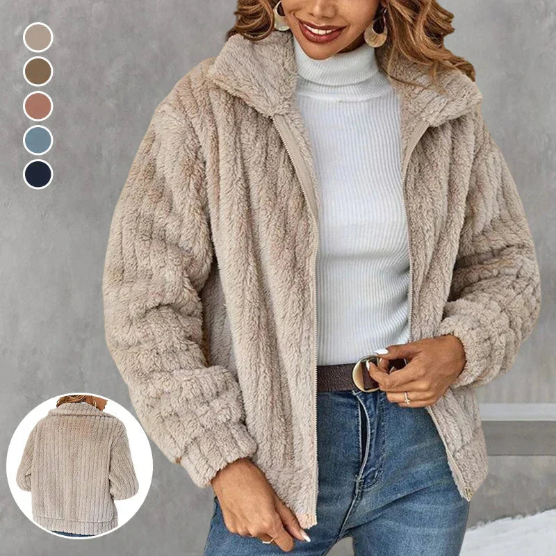 Women’s Plush Zip-Up Fleece Jacket – Soft Relaxed Layer for Autumn and Winter