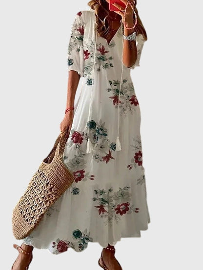 Women’s Printed Boho Maxi Dress – Relaxed V-Neck Summer Style for Holidays and Casual Occasions