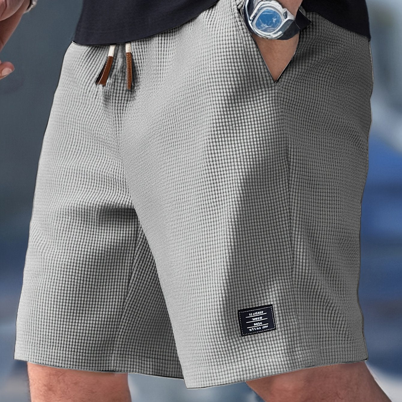 Herre sommershorts med vaffelmønster og snøre, afslappet stil