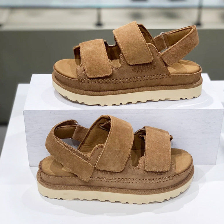 Women’s Genuine Suede Leather Platform Sandals – Adjustable Touch-Strap Open-Toe Walking Shoes for Summer and Everyday Casual Wear