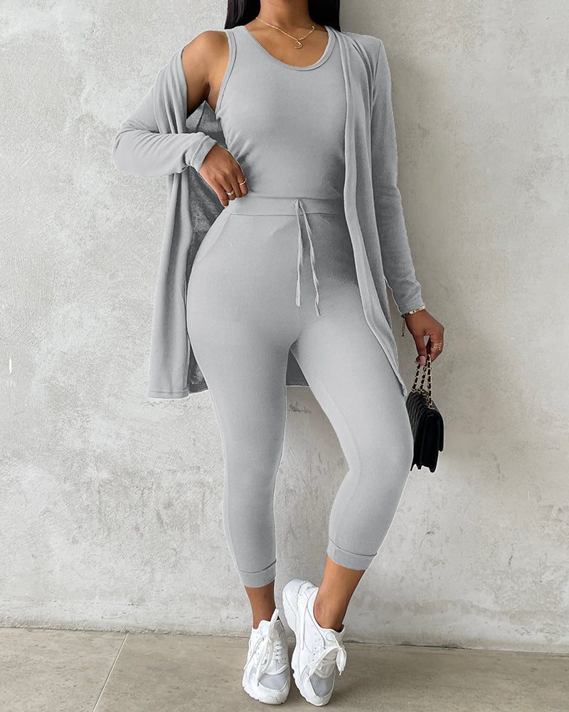 Women’s 3 Piece Lounge Set – Sleeveless Top, Open Front Cardigan & Relaxed Fit Pants