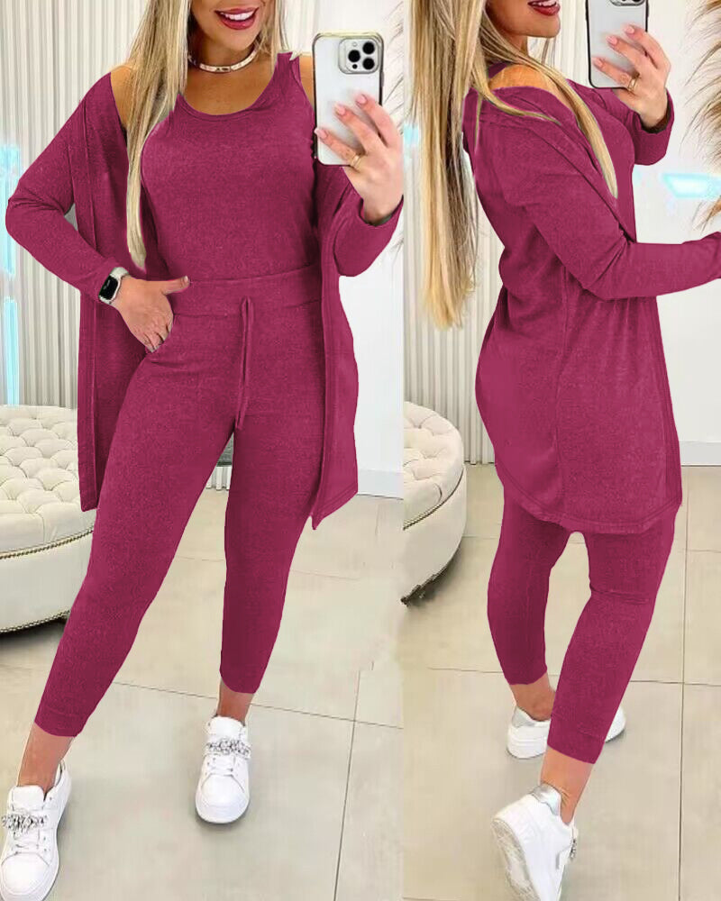 Women’s 3 Piece Lounge Set – Sleeveless Top, Open Front Cardigan & Relaxed Fit Pants