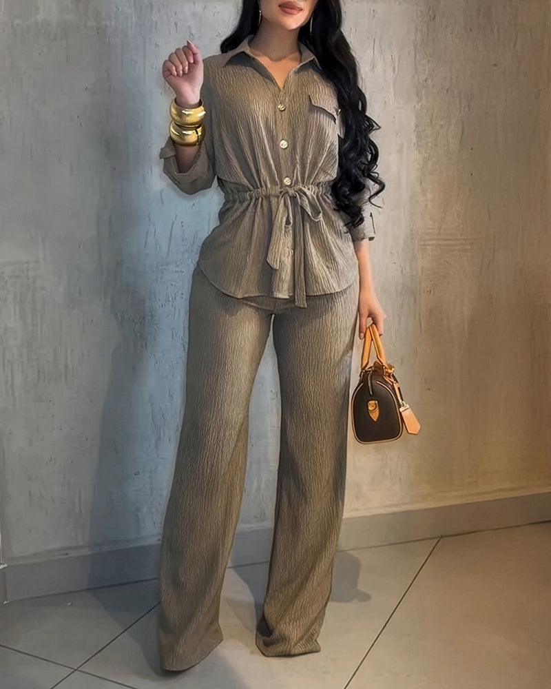 Vintage Collar Two-Piece Set – Textured Shirt & Wide Leg Trousers
