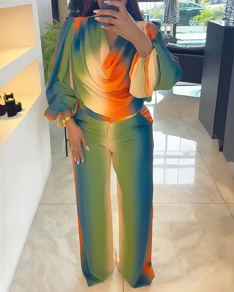 Tie Dye 2Piece Cowl Neck Set – Puff Sleeve Top & Wide Leg Pants