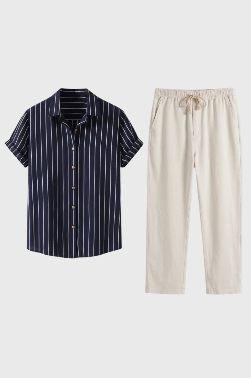 Set ținută bărbați cu cămașă imprimată și pantaloni cu șnur ajustabil
