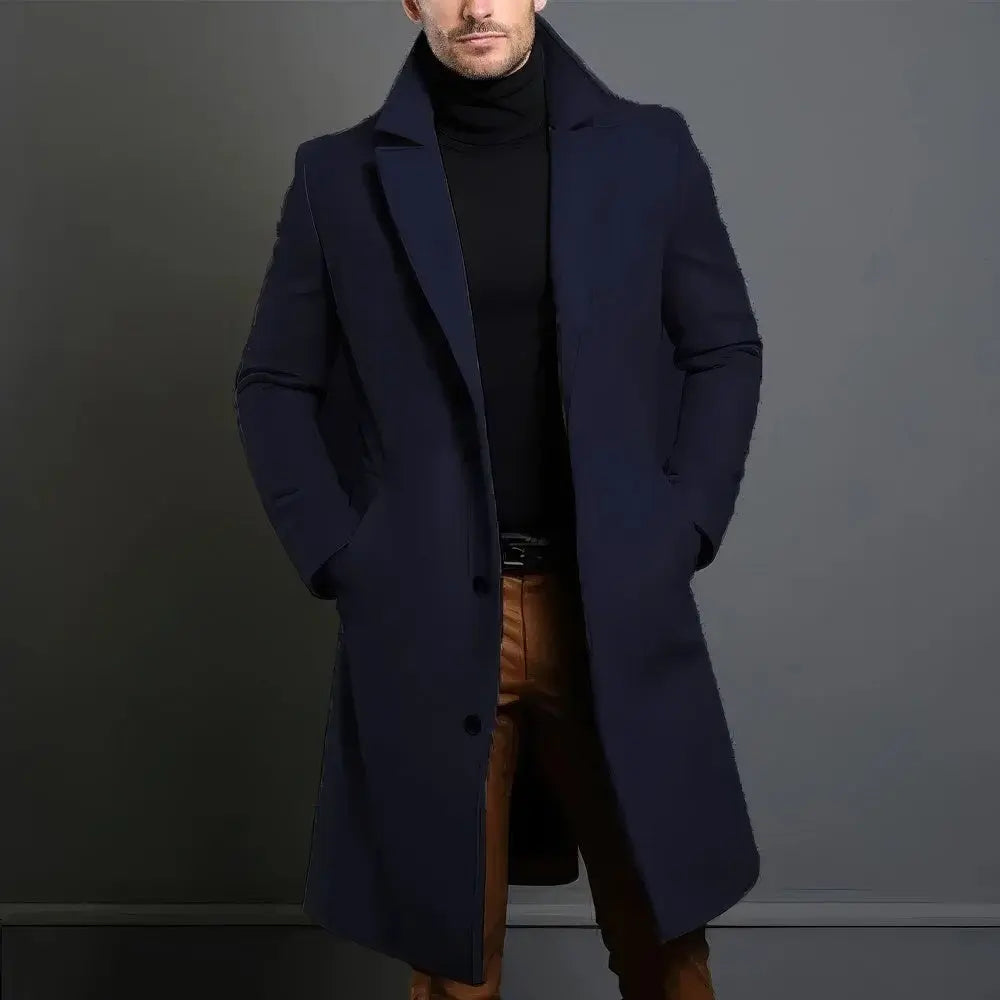 Men’s Longline Tailored Overcoat – Refined Single-Breasted Layer with Notched Lapels