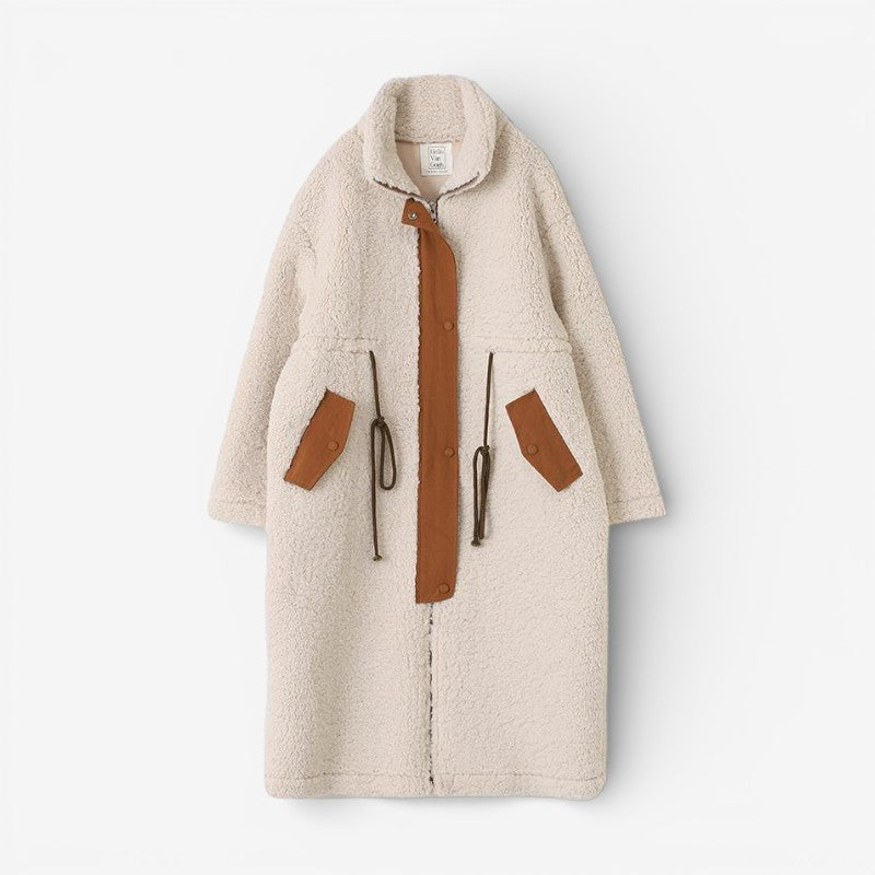 Lange dameswinterjas van teddyfleece met hoge kraag en verstelbare taille met trekkoord - comfortabele jas met ritssluiting voor koud weer