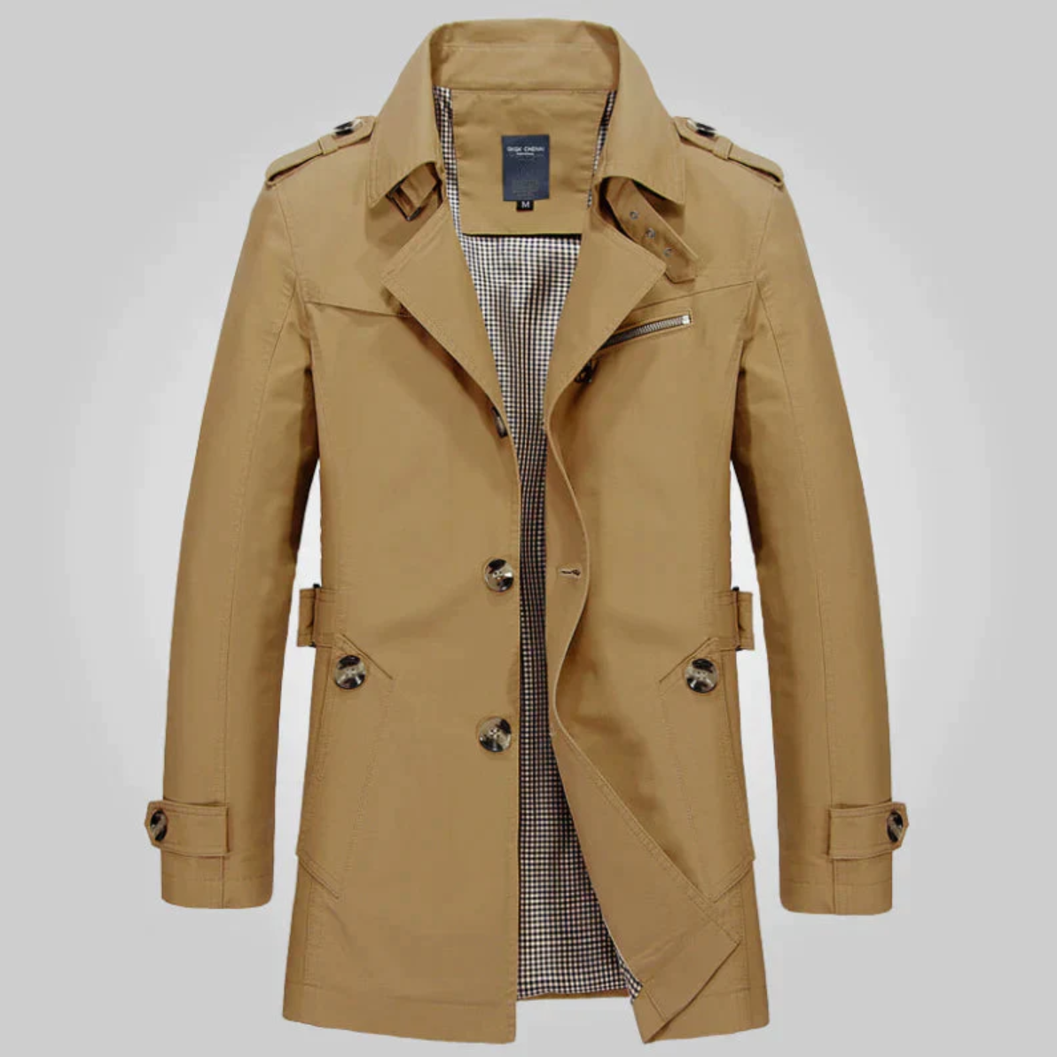 Doppelreihiger Trenchcoat für Herren – Taillierte mittellange Jacke mit Schulterklappen und Riegeln an den Ärmelabschlüssen