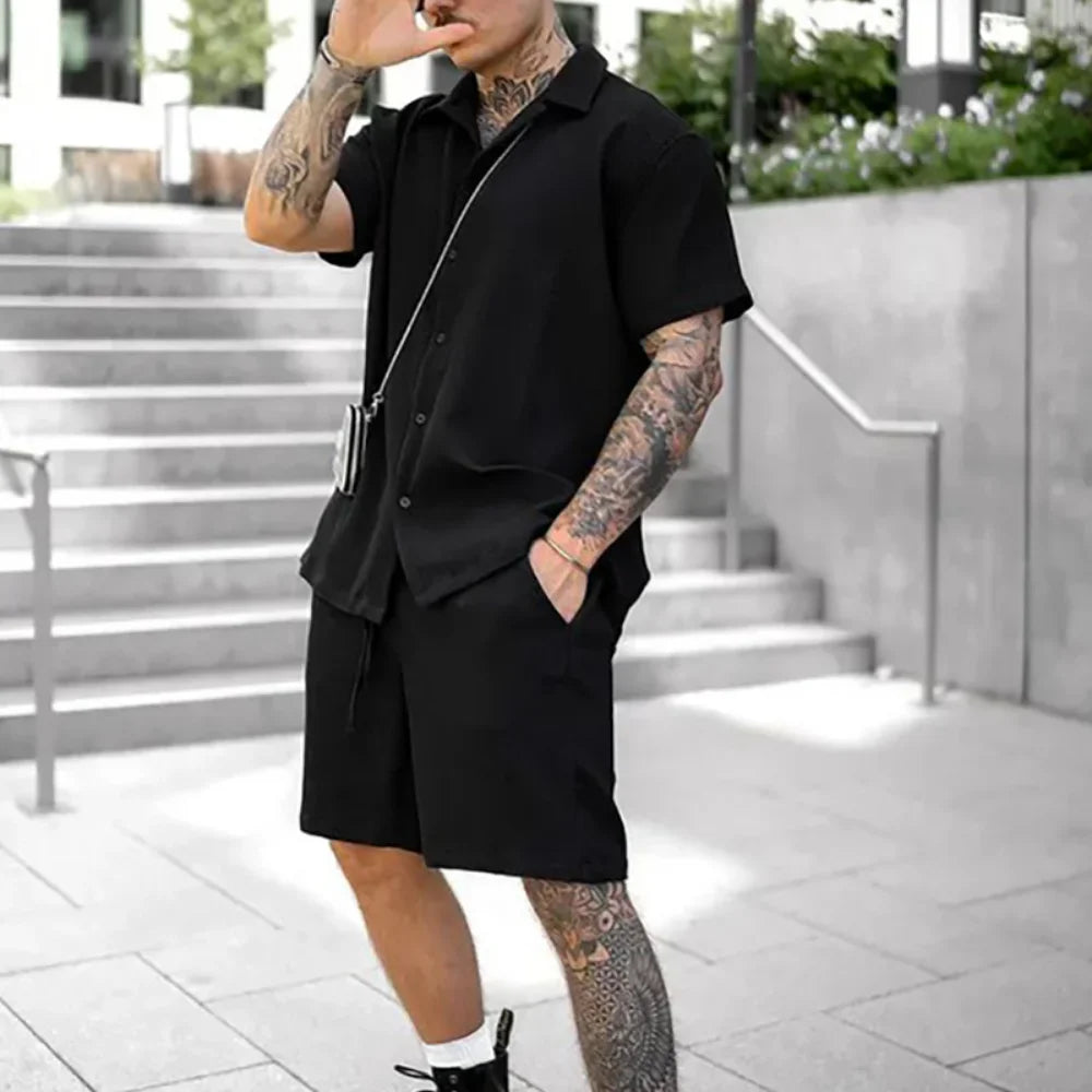 Men’s Lightweight Summer Shirt And Shorts Set Breathable Casual Two Piece Outfit