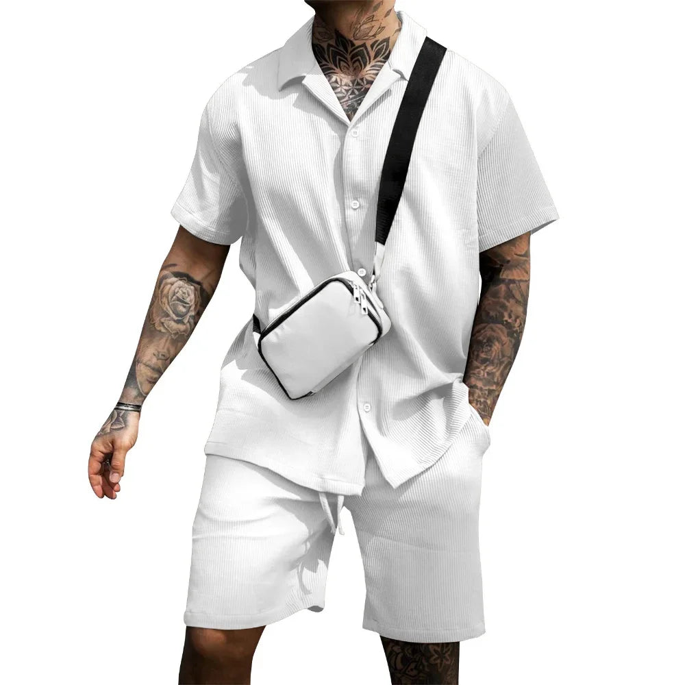 Pánský lehký letní komplet košile a kraťasy prodyšný neformální dvoudílný outfit