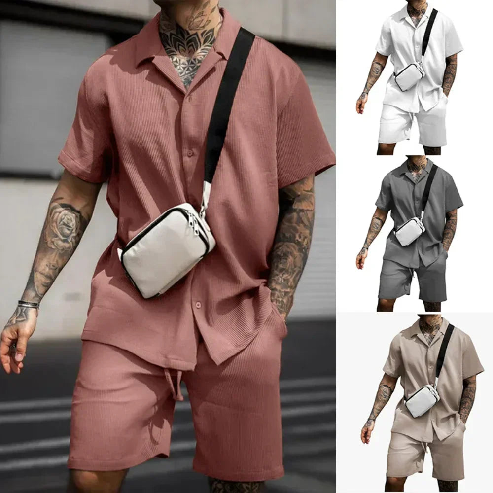 Men’s Lightweight Summer Shirt And Shorts Set Breathable Casual Two Piece Outfit