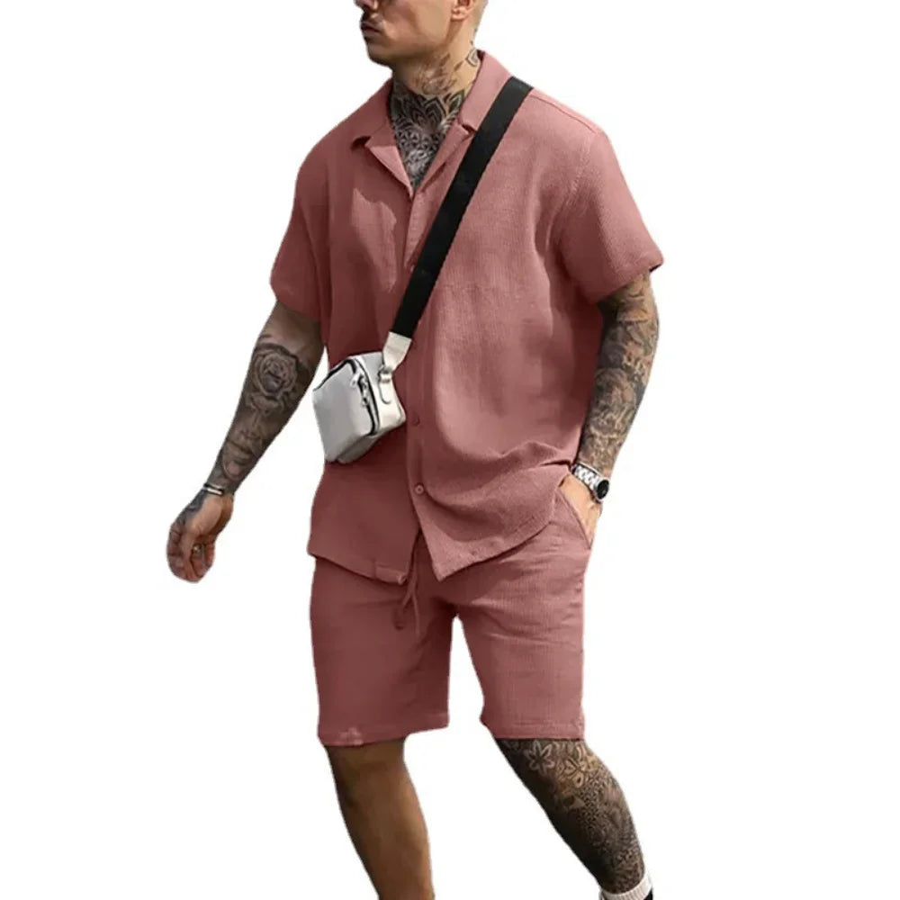 Pánský lehký letní komplet košile a kraťasy prodyšný neformální dvoudílný outfit
