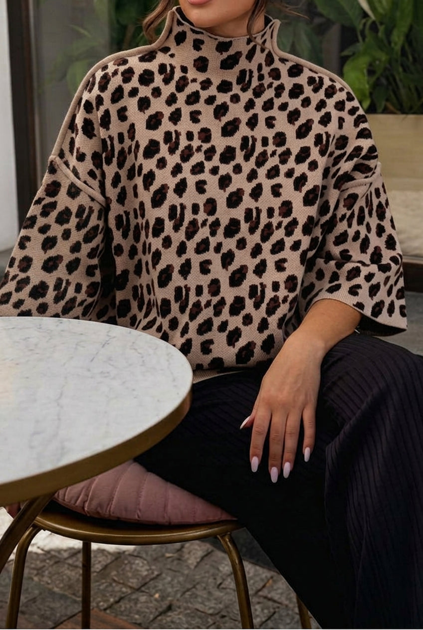 Women's Oversized Animal Print Knitted Sweater with High Neck and Relaxed Fit – Soft Viscose Blend Short Sleeve Pullover with Dropped Shoulders for Elegant Smart Casual Spring and Autumn Everyday Wear