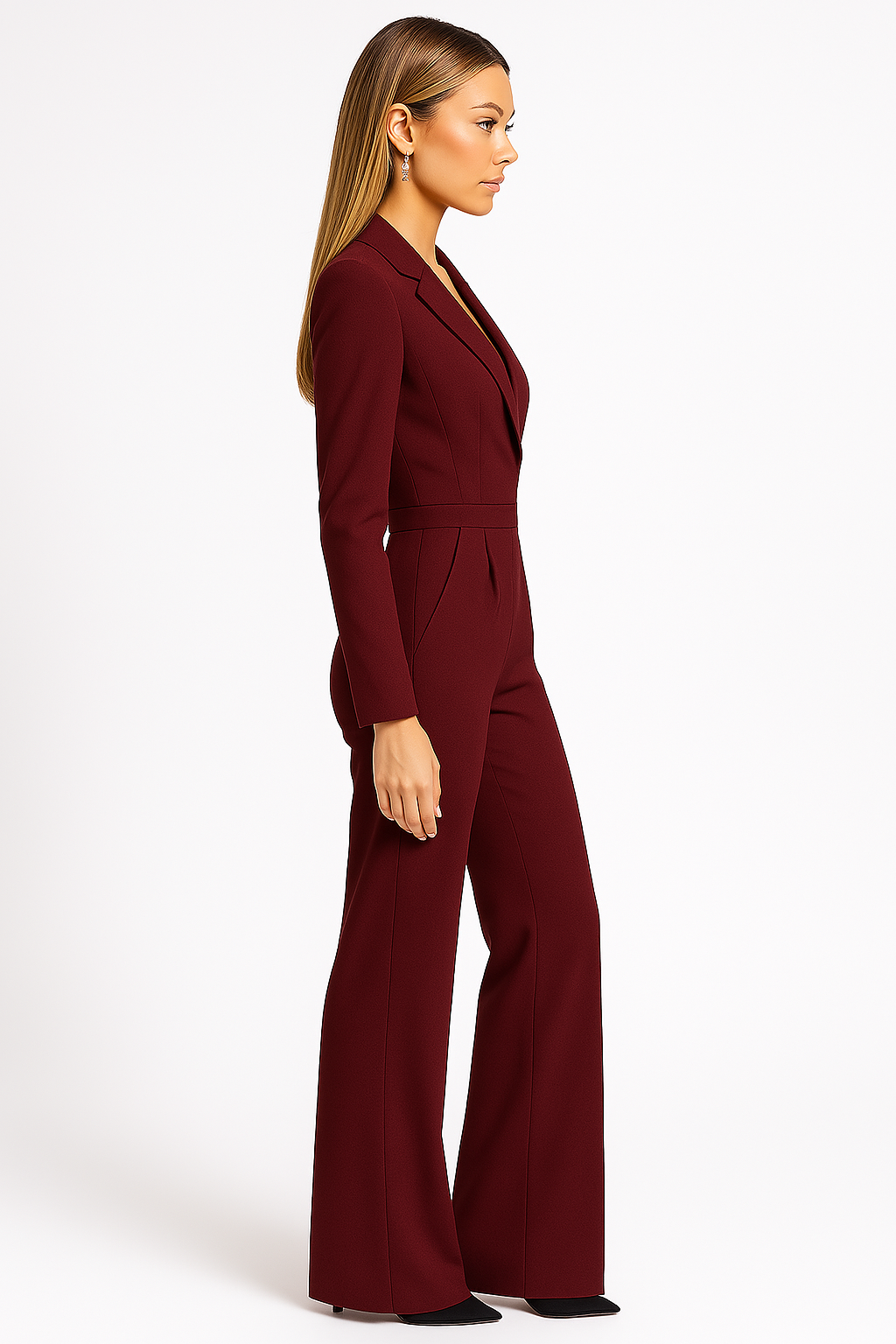 Dámský elegantní overal s výstřihem do V, široké nohavice, střih na míru, dlouhý rukáv, outfit na večerní příležitost