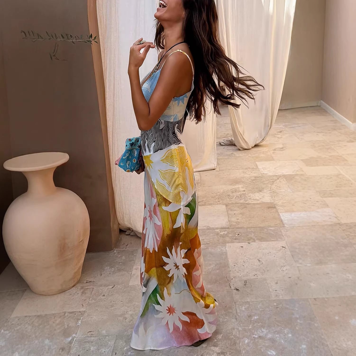 Rochie maxi de resort pentru femei cu bretele și imprimeu