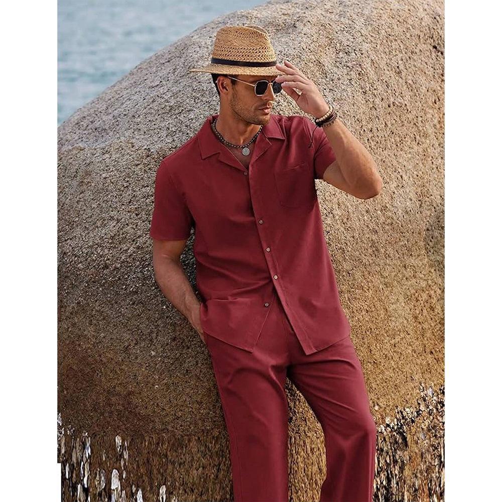 Men’s Revere Collar Button Shirt and Tapered Trousers Set