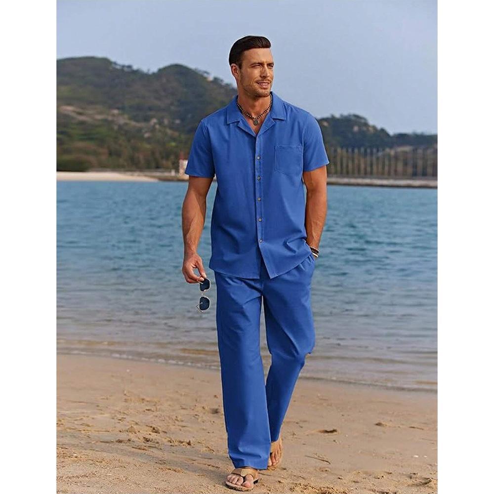 Men’s Revere Collar Button Shirt and Tapered Trousers Set