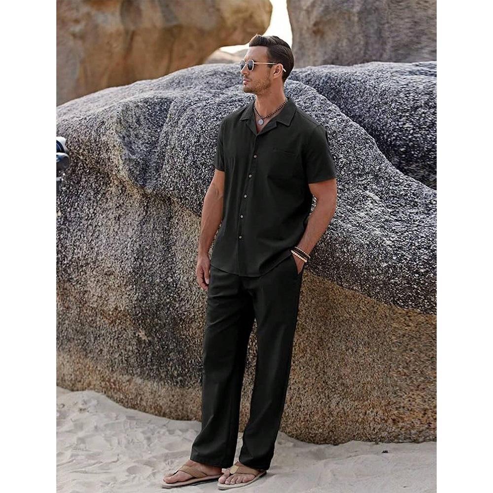 Men’s Revere Collar Button Shirt and Tapered Trousers Set