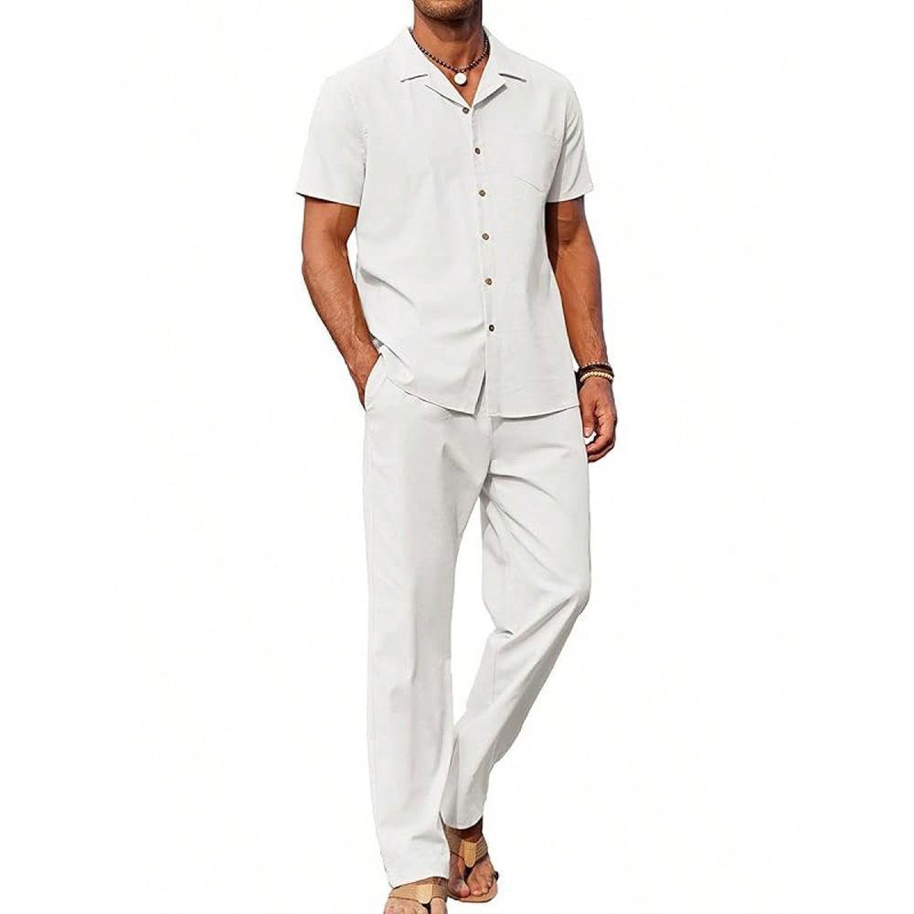 Men’s Revere Collar Button Shirt and Tapered Trousers Set