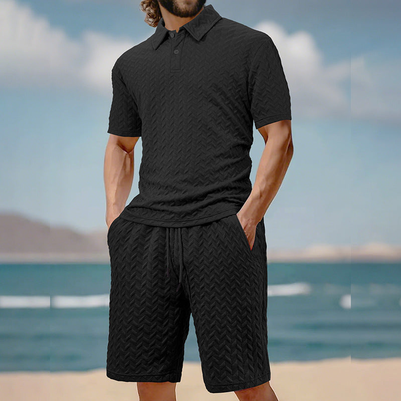Conjunto de camisa polo texturizada para hombre y pantalones cortos con cordón