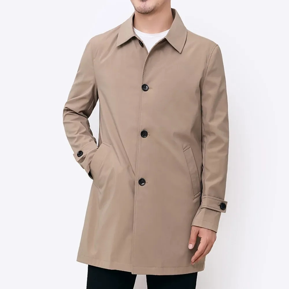 Einreihiger Trenchcoat für Herren – Schlichte mittellange Jacke mit Kentkragen und Riegeln an den Ärmelabschlüssen