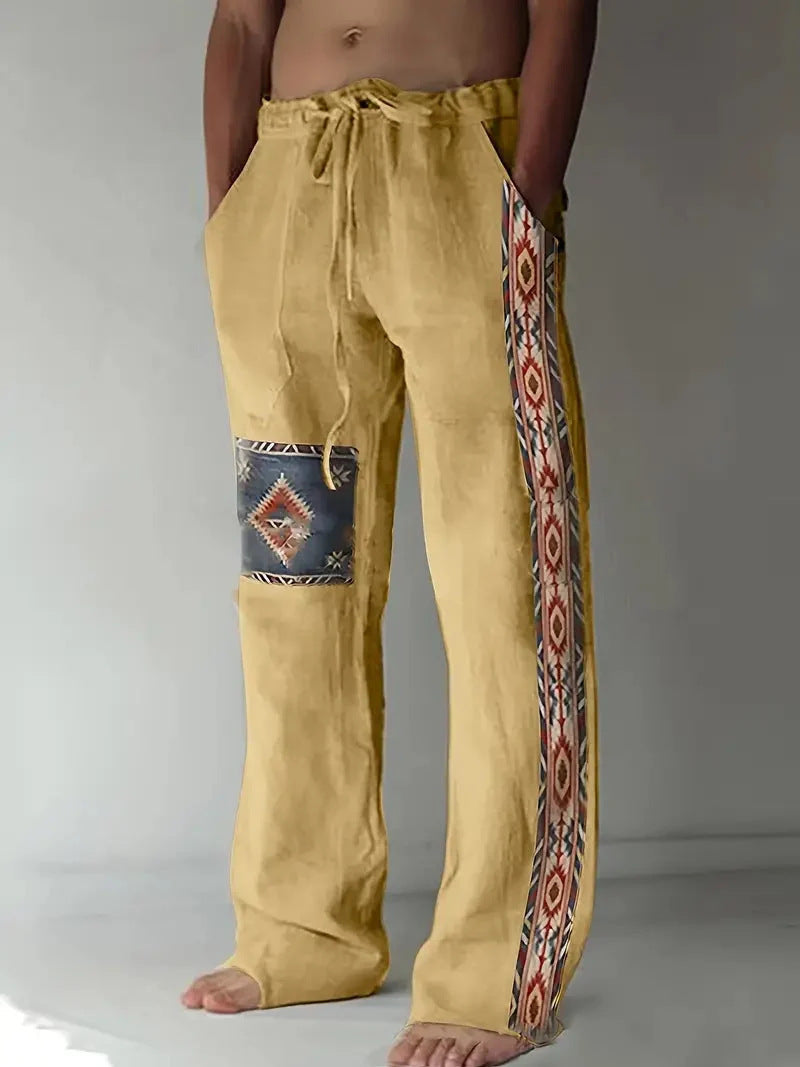 Men’s Patchwork Cotton-Linen Trousers – Relaxed Drawstring Pants for Casual Summer Wear