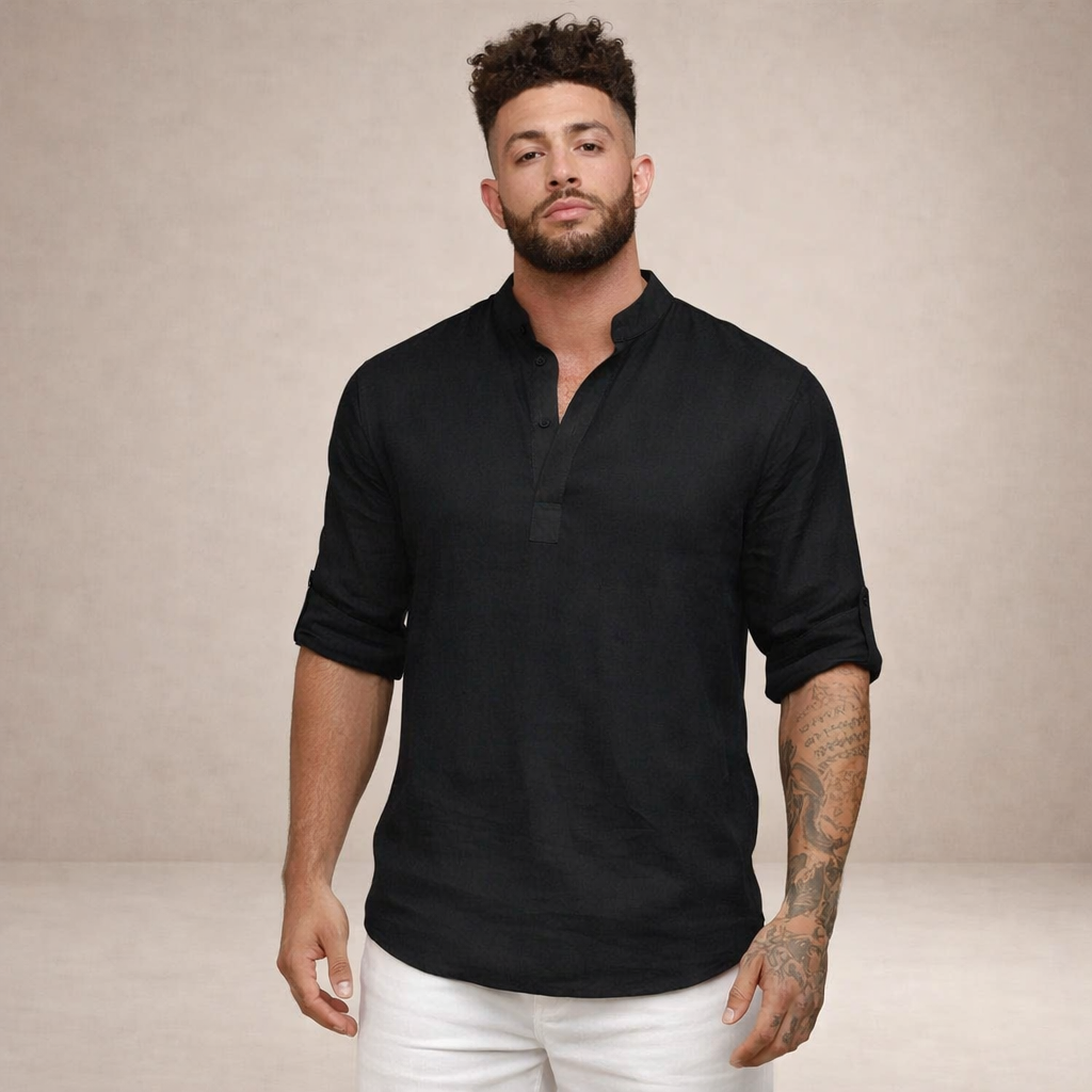 Camicia da uomo in lino con abbottonatura aperta, maniche arrotolate, vestibilità resort