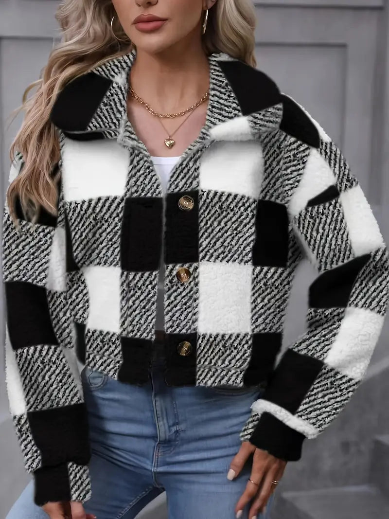Women’s Checked Teddy Fleece Jacket – Soft Button-Front Winter Layer with Wide Collar for Cosy Everyday Styling