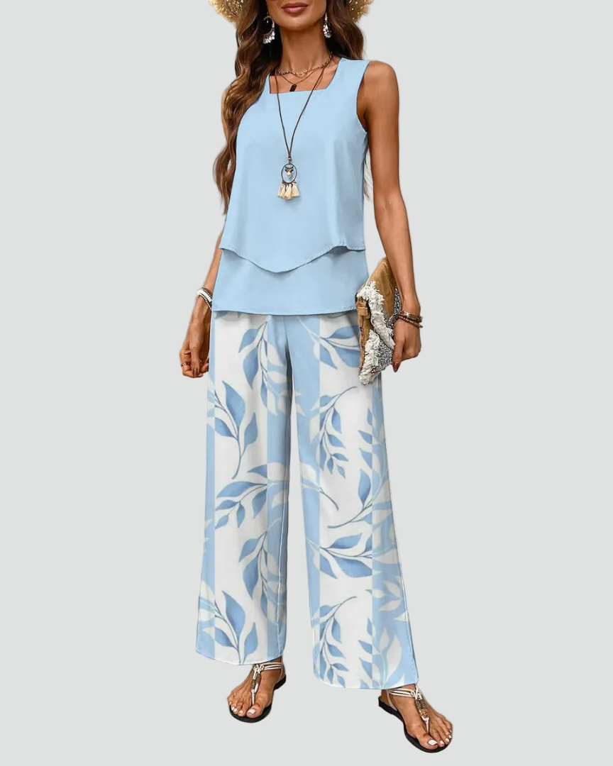 Completo da resort femminile senza maniche con pantaloni larghi stampati