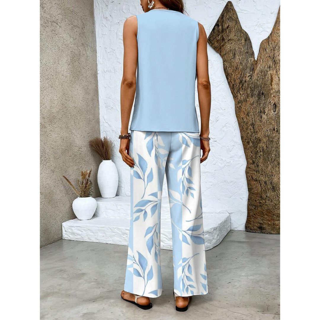 Completo da resort femminile senza maniche con pantaloni larghi stampati