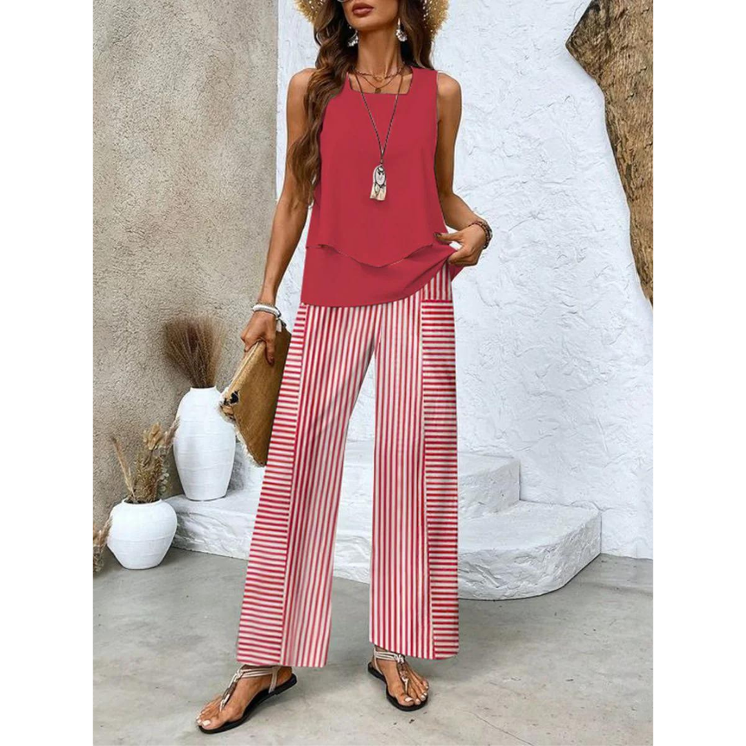 Completo da resort femminile senza maniche con pantaloni larghi stampati