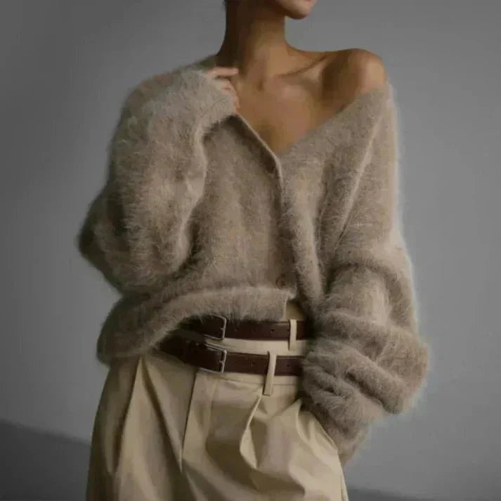 Cárdigan mullido de cuello en V para mujer – Tejido suave de corte relajado con botones para otoño e invierno