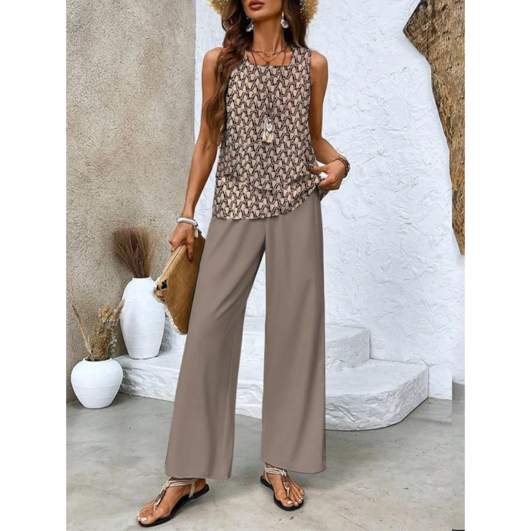 Completo da resort femminile senza maniche con pantaloni larghi stampati