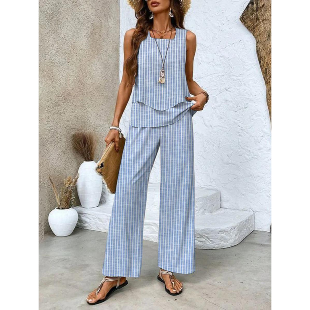 Completo da resort femminile senza maniche con pantaloni larghi stampati
