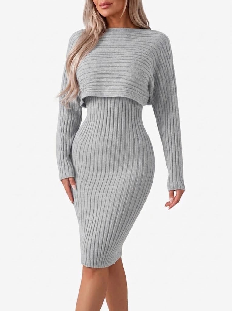 Dames ribgebreide midi-rok co-ordset - cropped, losvallende top met lange mouwen en aansluitende rok voor werk en in de stad