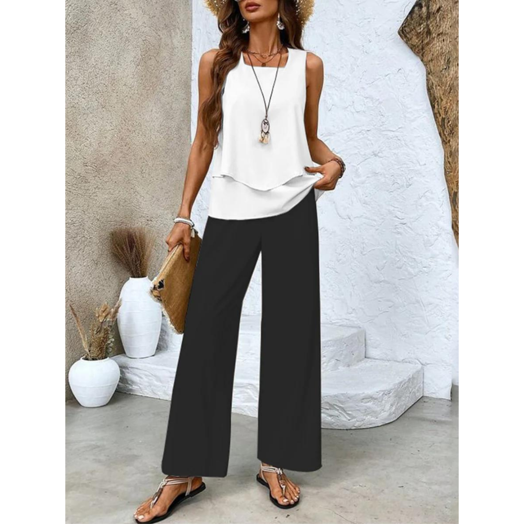 Completo da resort femminile senza maniche con pantaloni larghi stampati
