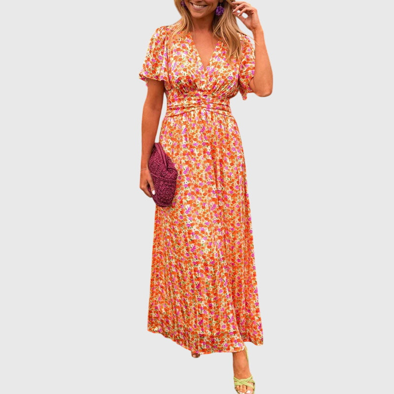 Women’s Printed Wrap-Style Maxi Dress – Short Sleeve Outfit for Summer Events