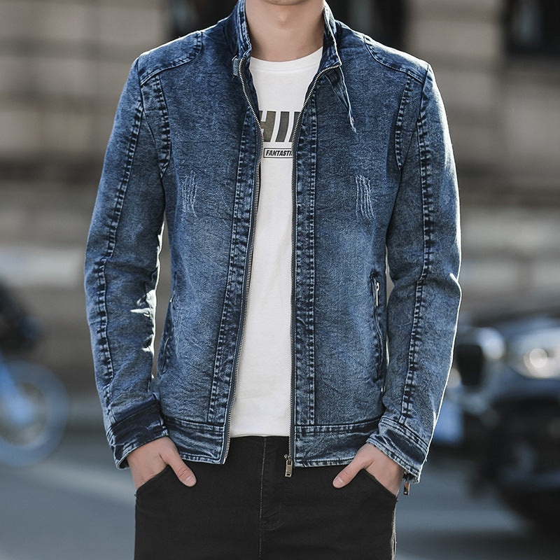 Men’s Stand-Collar Denim Jacket – Distressed Zip-Up Layer with Zipped Pockets