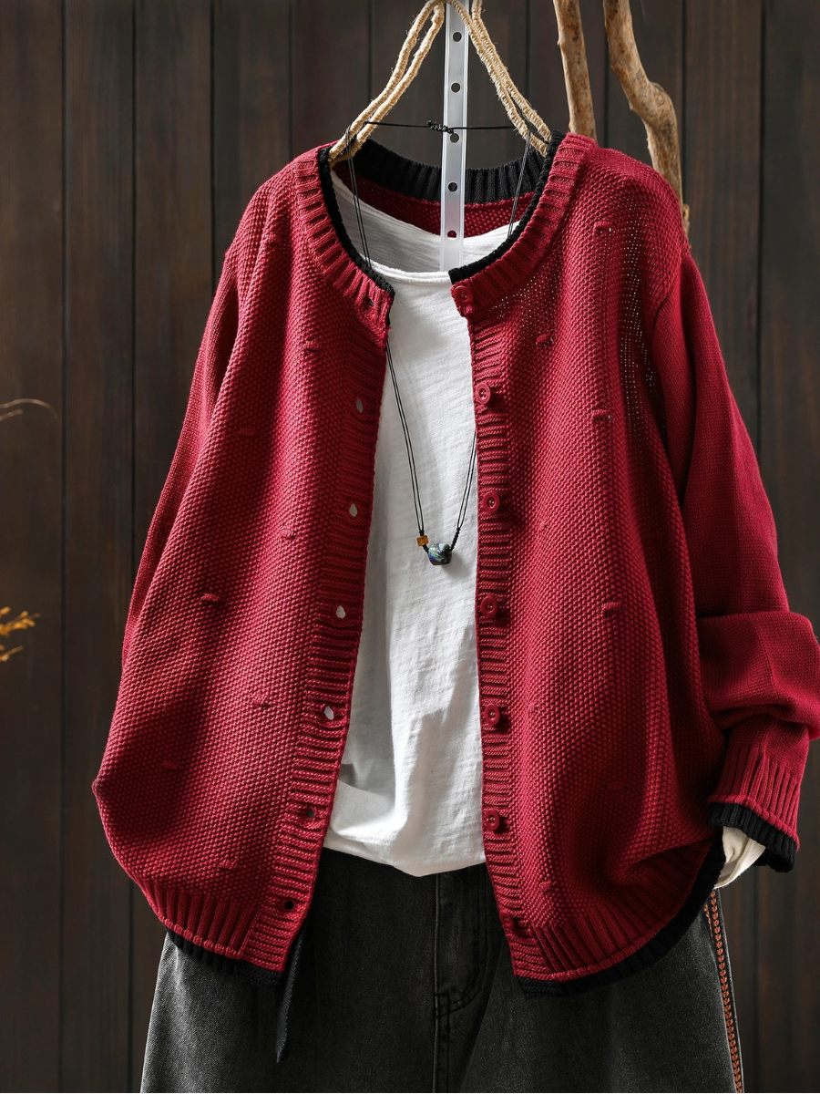 Damesvest van textuurrijk breisel met ronde hals en knoopsluiting - casual laag voor lente en herfst