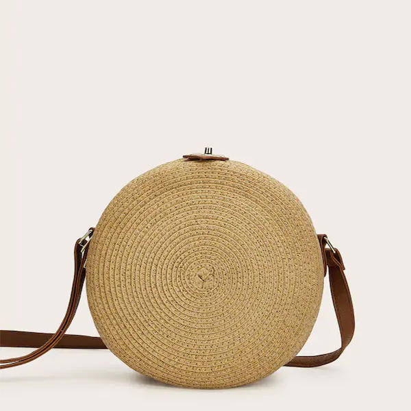 Women’s Woven Straw Crossbody Bag – Round Summer Shoulder Purse with Adjustable Long Strap